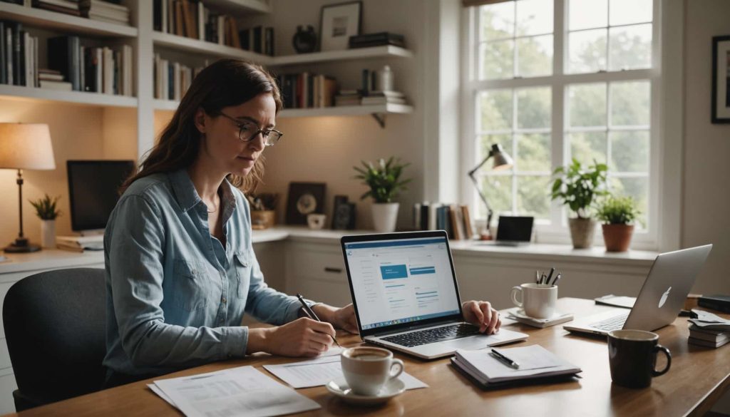 Femme consultant les garanties de son assurance santé sur un ordinateur portable dans un bureau.